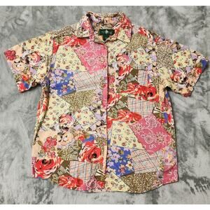 Vintage‎ 90s Hunt Club Top Womens S Multicolor Patchwork Short Sleeve Button Up